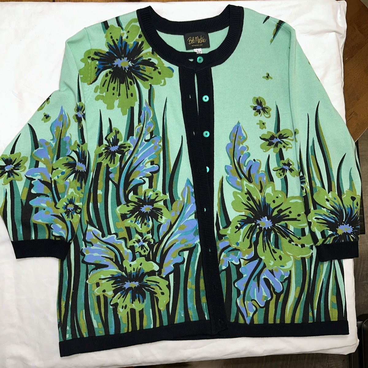 Bob Mackie Wearable Art Green Floral Button Up cardigan Sweater L 