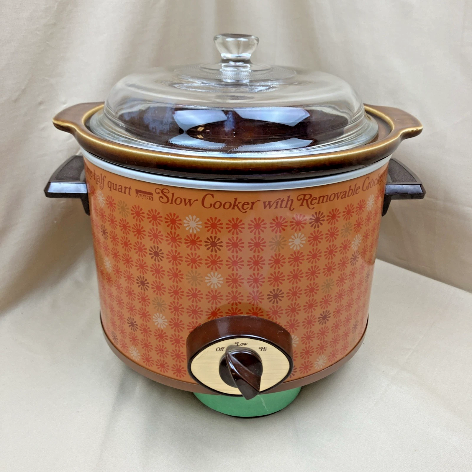 Vintage Montgomery Ward Crockery Slow Cooker 3.5 Qt Orange Flowers Removable Pot