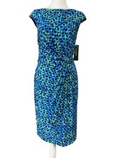 Lauren Ralph Lauren Dress Womens 8 Blue Green Ruched Sheath Midi Career Party