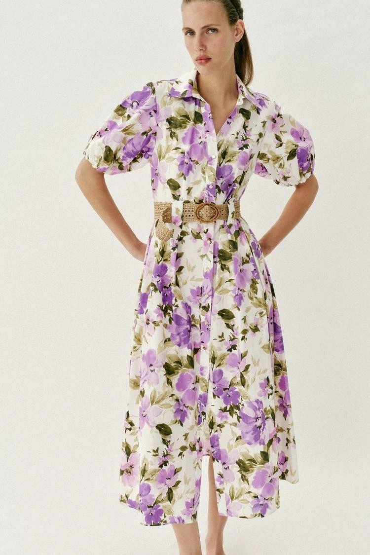 Zara Floral Print Midi Dress With Belt