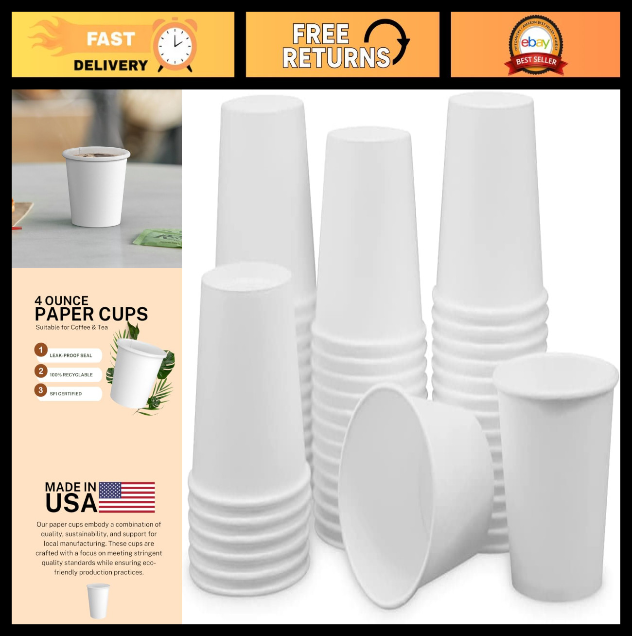 1000 Pack 4 oz Paper Cups for Coffee & Espresso | Recyclable Disposable To-Go Cu