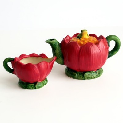 Vintage Mini / Small Red Lotus Flower Teapot Frog Lid + Creamer Ceramic Set