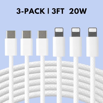 3-PACK USB-C Braided 3 ft Cable For iPhone 14 13 12 11 Pro Max XS XR 8Plus