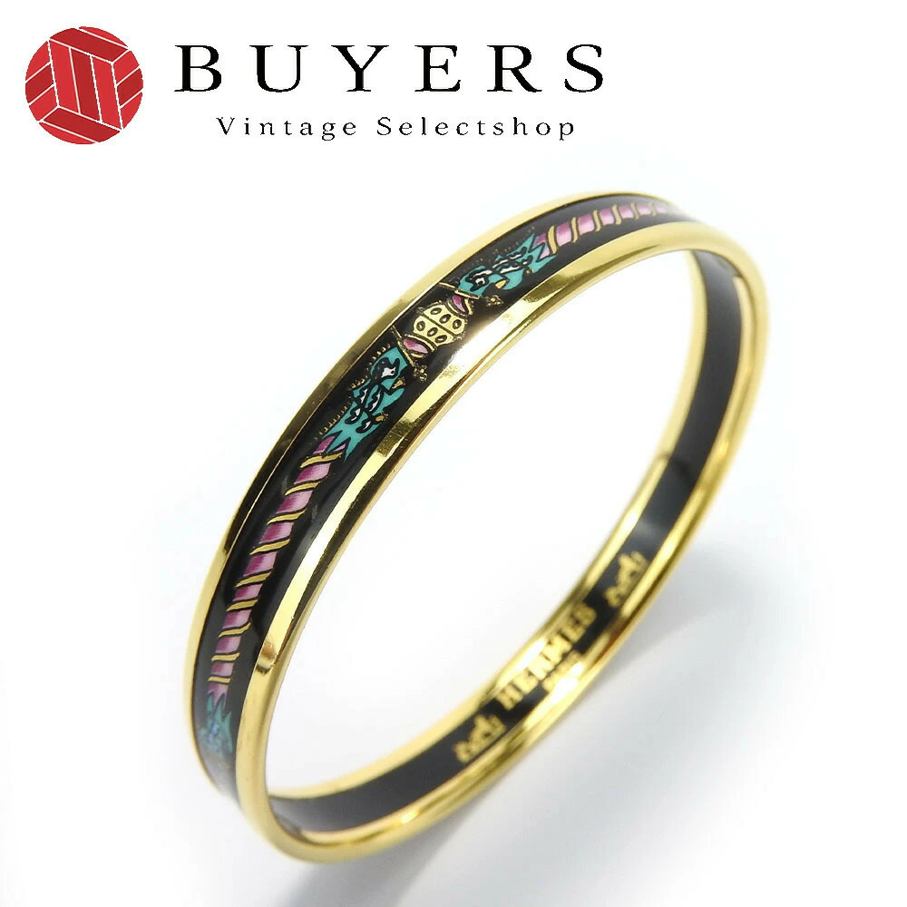Y1207 Hermes Bracelet Enamel PM Metal Cloisonné Multicolor Black Gold Gold
