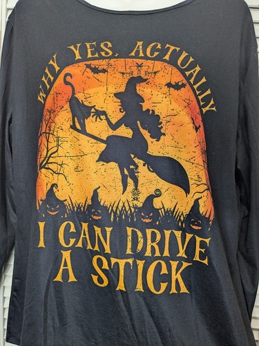 Womens Halloween Themed Long Sleeve Novelty Shirt Witch driving a stick Humor XL - Picture 3 of 12