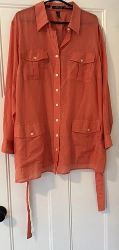 Ralph Lauren Button Up Tunic Shirt Womens 2x Cotton Silk Tie Bright Lightweight
