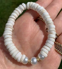 Sheryl Lowe Pearl And Puka Shell Bracelet With 14k Gold And Diamond Rondelles