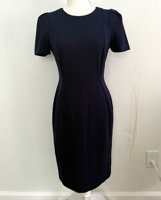 Calvin Klein Navy Solid Sheath Dress Sz 6 Short Sleeve Round Neck Back Zip