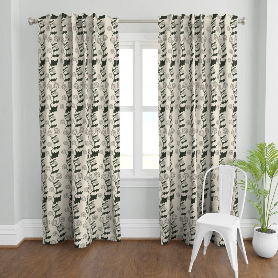 Floral Stripe Flowering Vine Dark Moss Printed Custom Curtain Panel Set Of 2 - Image 2 of 4
