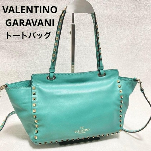 Valentino Garavani Teal Rockstud Small Tote Used From Japan