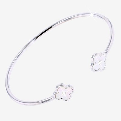 925 Sterling Silver Natural Mother of Pearl and Moissanite 4 Leaf Clover Bangle