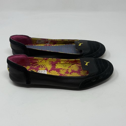 Puma Ballet Flats Womens 9 Black Yellow Leather Casual Slip On Shoes Vintage Y2K - Picture 3 of 16