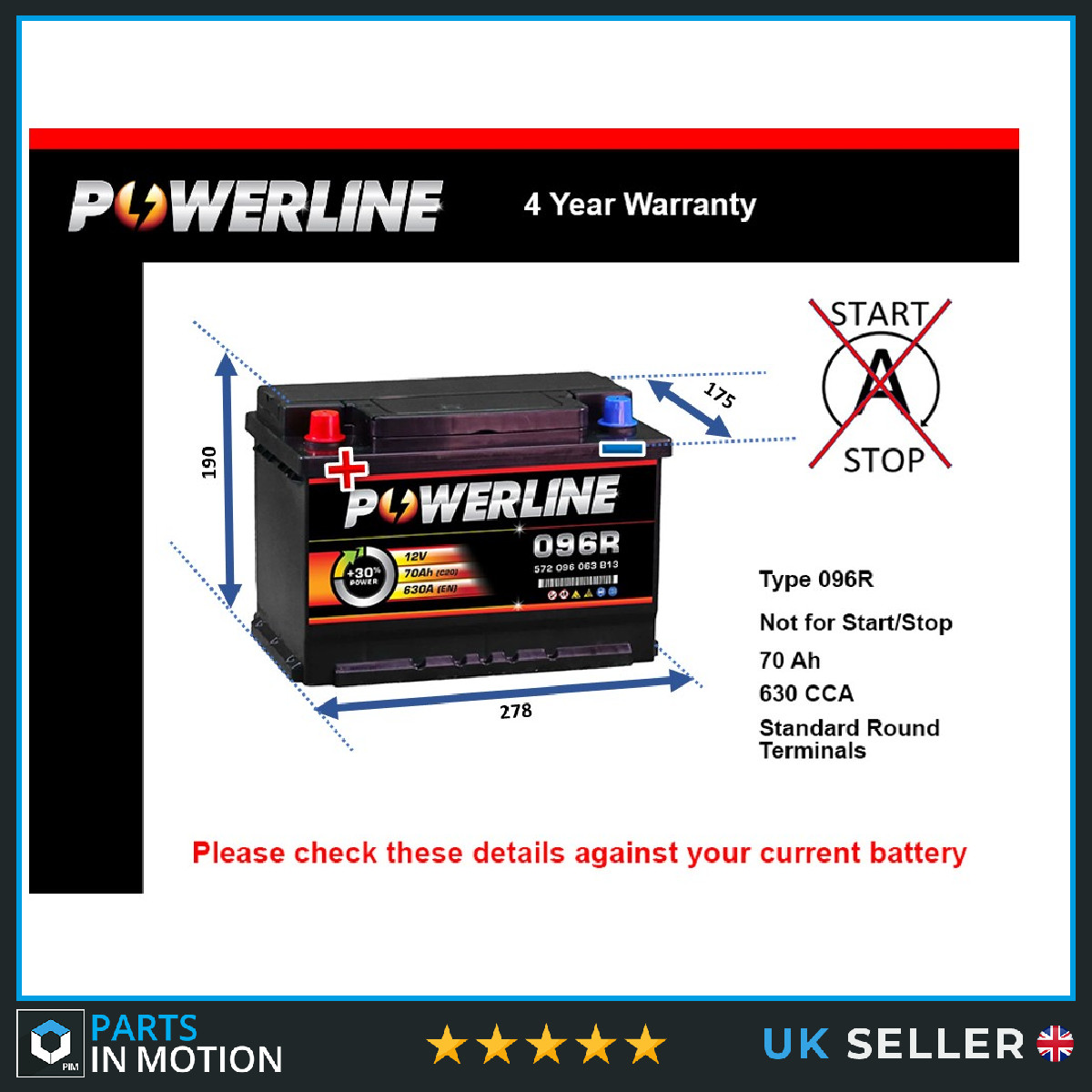Battery fits PLYMOUTH SUNDANCE 2.2 2.5 3.0 86 to 94 096R 630A 70Ah 4Yr Warranty