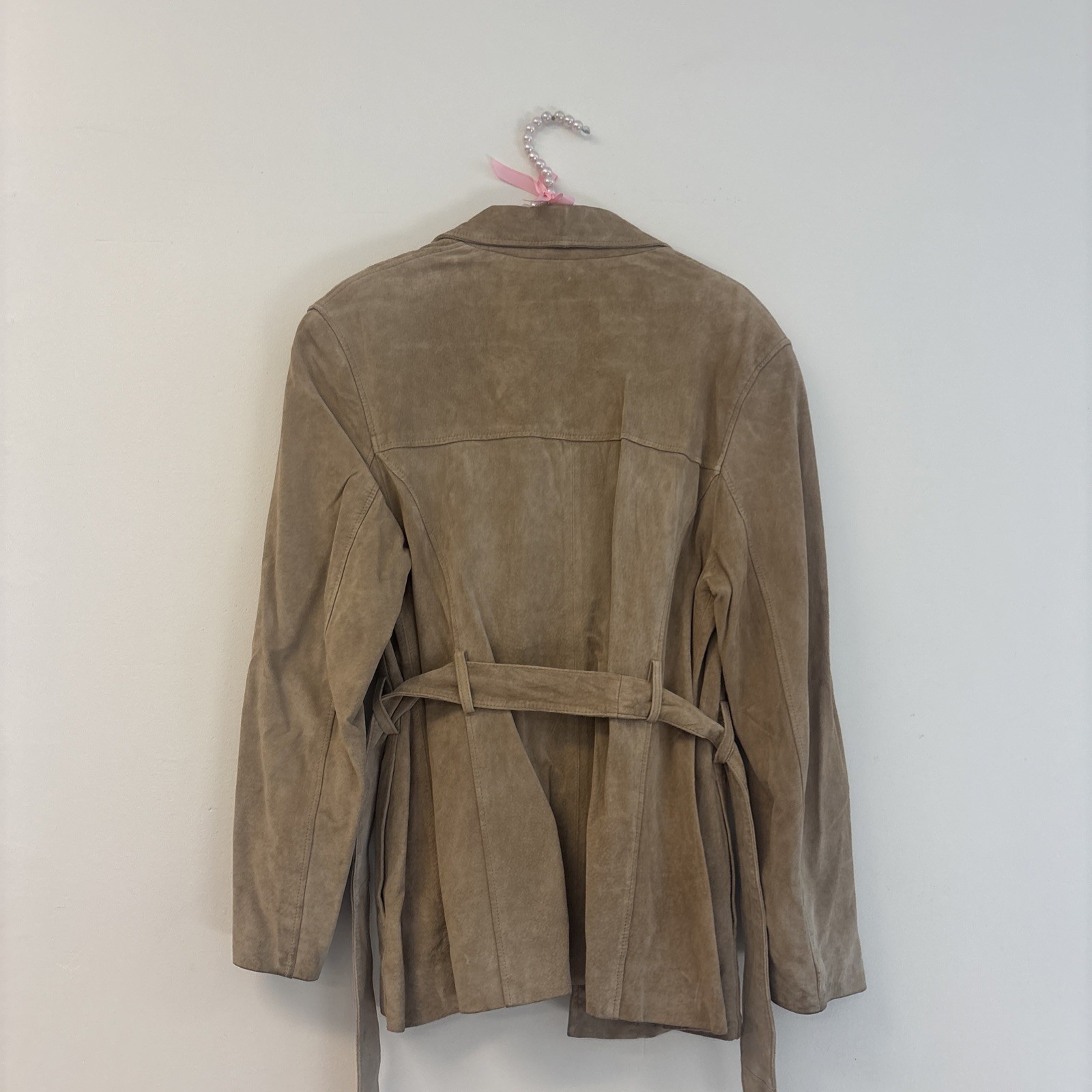 VTG Suede Leather Women’s Jacket Sz L Coat Y2K Brown Tan Belted Button Up Suede