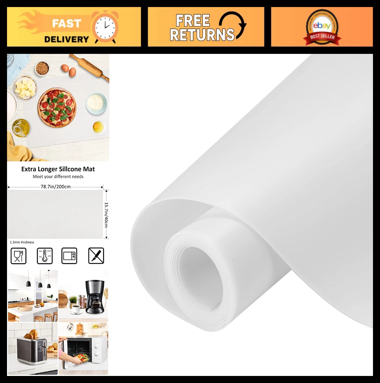 Large Heat Resistant Silicone Mat 78.7"x15.7" - Nonstick Waterproof Kitchen Coun
