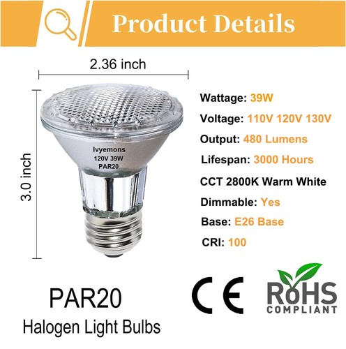 PAR20 Flood 39W 120V 480 Lumens- 6 Pack PAR20 Flood Light Bulbs with E26 Base... - Picture 2 of 9