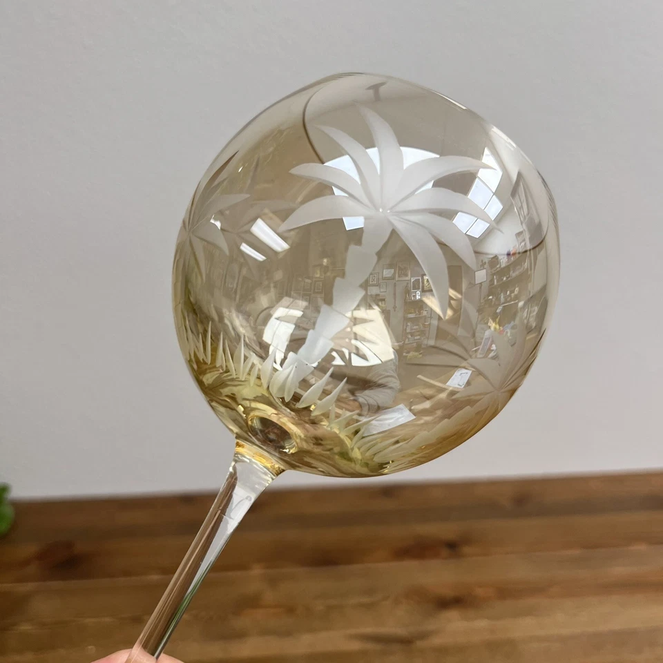 Lenox Vidrio Ámbar Colonial Británico Palmeras Corte Grabado Globo Vino Blanco Foto 3 de 4