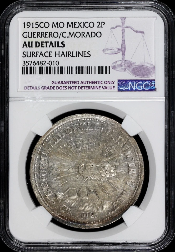 1915 2p Revolutionary Mexico Guerrero/Campo Morado 2 Pesos NGC AU Details Hairli - Image 3 of 4