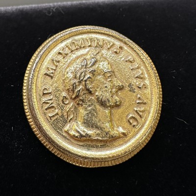 Roman Coin Brooch Gold Tone Filligree Back 1.75 In Signed Vintage Miriam Haskell