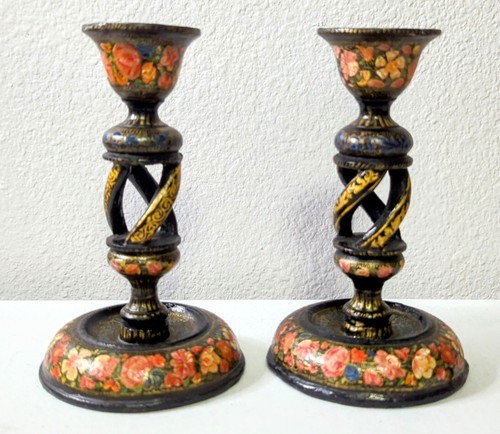 Antique Indian Kashmiri Wooden Twist Hand Painted 6” Candlestick Holders