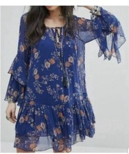 Free People Dress Womens X Small Blue Floral Sunsetter Tiered Sheer Mini