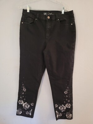 DG2 Jeans Pants 12 Black Straight Cut Butterfly Embroidered Cotton