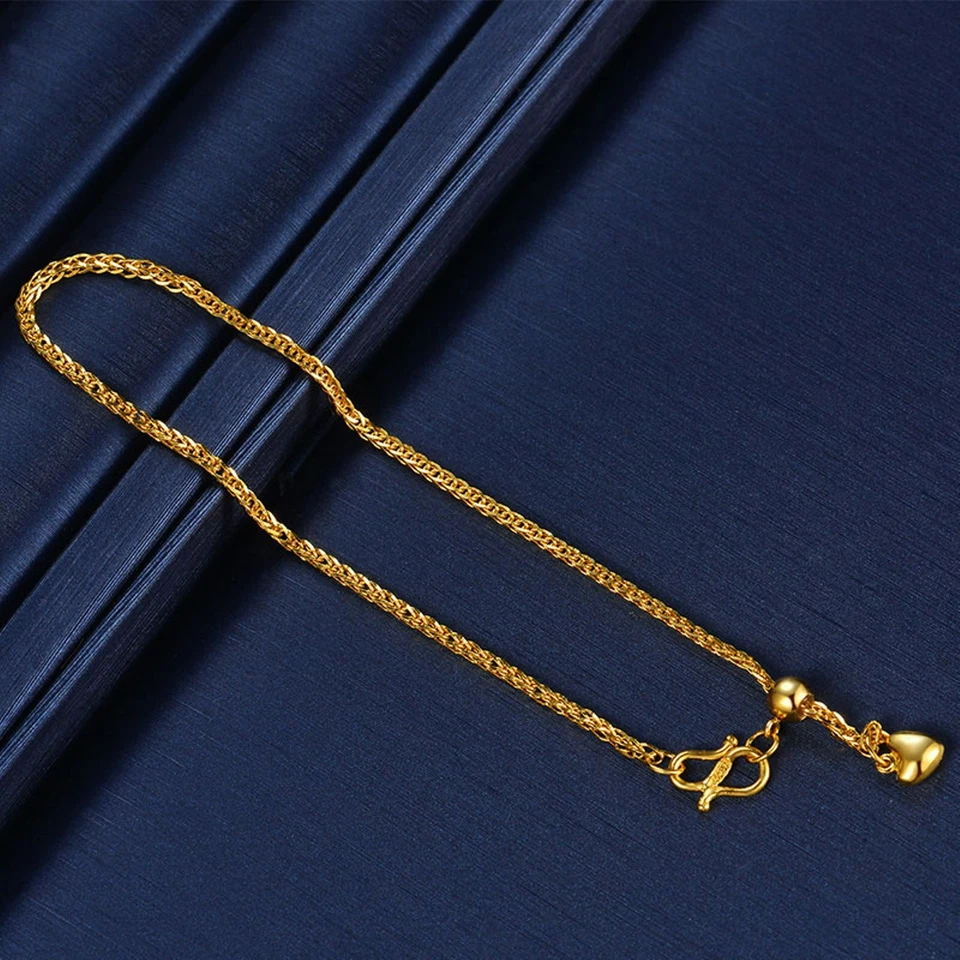 1PC Pure 999 24K Yellow Gold Chain Heart Bead Wheat Adjust Bracelet Anklet 1.7g - Image 2 of 4