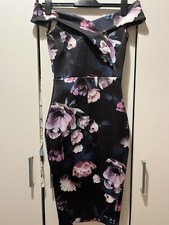 Lipsy UK Size 6 Black Floral Bardot Midi Bodycon Dress