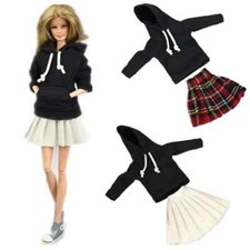 Black Hoodie Sweatshirt 1/6 Doll Clothes Pink Blue White Top Pleated Skirt 11.5"