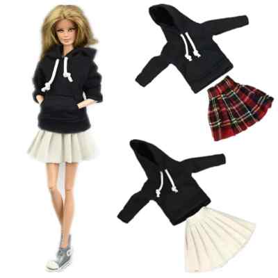 Schwarzes Hoodie Sweatshirt für Barbie Puppenkleidung rosa blau Tops Faltenrock
