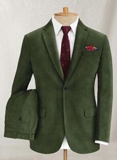 Men Corduroy Suit Green Luxury Leisure Groom Tuxedo Wedding Party Prom 2 Piece