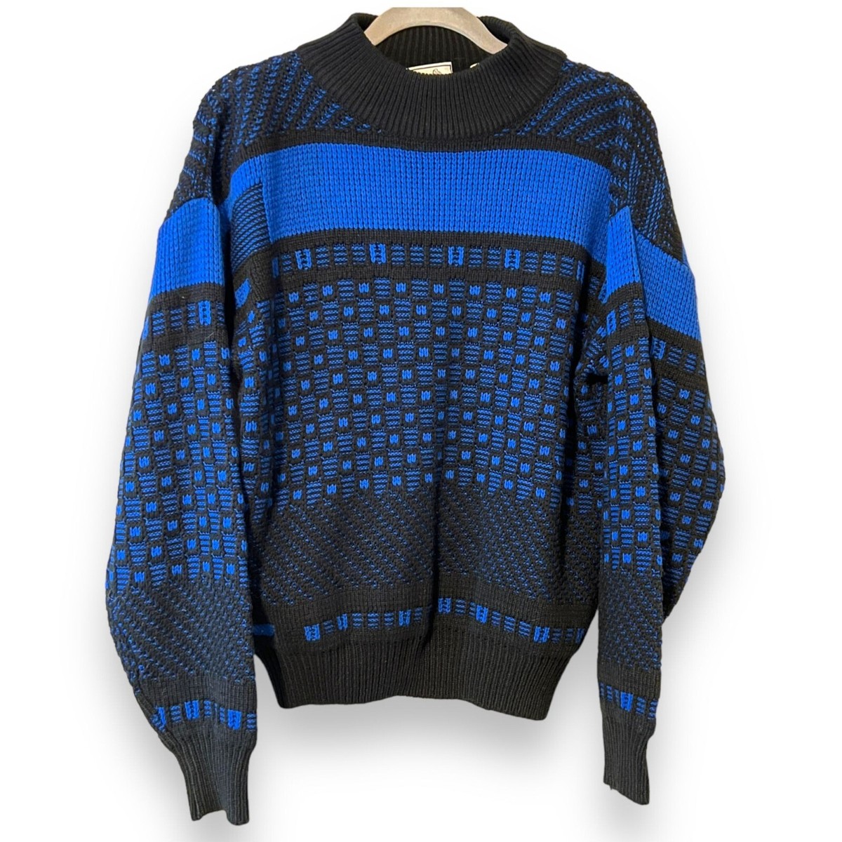 Bugle Boy Vintage 90s Black Blue Knit Chunky Ski Sweater Mens 