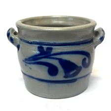 Antique Salt Glazed Earthenware Handled Crock Cobalt 6" Tall No Lid