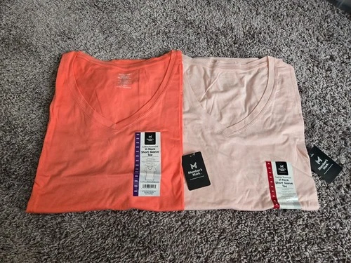 Women's Ladies Solid T Shirt Short Sleeve Peach Pucker or Light Pink  V Neck NWT