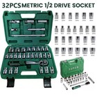 32 Pcs 1/2" Drive Socket Set Metric 8-32mm Sockets 6/12 Point Ratchet Wrench Kit