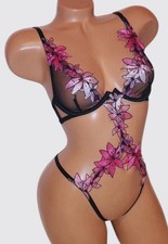 Victoria Secret Floral Teddy One Piece Lingerie Black Pink Appliqu Size M