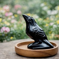 Black Obsidian Raven Crow Figurine Hand Carved Crystal Bird Gothic Altar Decor