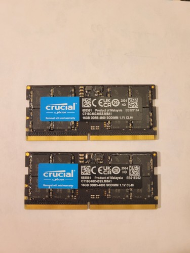 (Lot of 2) Crucial DDR5 16GB 4800MHz SODIMM Laptop Memory CT16G48C40S5.M8A1