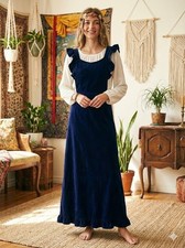 Vintage 1970s Victorian Revival Velvet Dress Floral Apron Pinafore Ruffled Gown