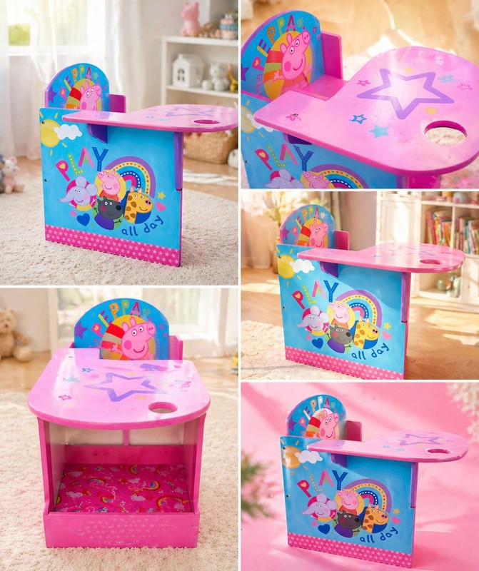 Peppa Pig Kids Desk Wood Pink Rainbow Storage Shelf Cartoon Stars Modern