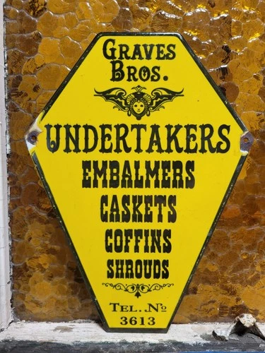 VINTAGE GRAVES BROS PORCELAIN SIGN OLD FUNERAL CASKET EMBALMING COFFINS DEATH