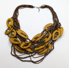 Huge Multi Strand Brown & Yellow Wood Slice Boho Bohemian Necklace 30" Statement