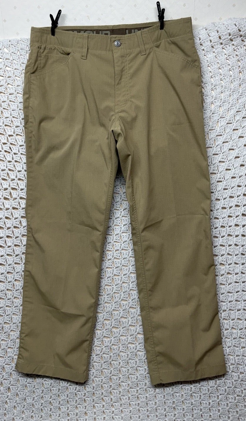 Under Armour Storm Pants Mens 36x30 Beige Flat Front Ripstop Work Hiking Casual