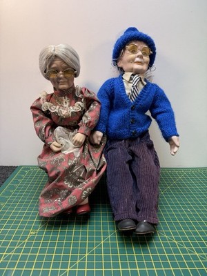 Vintage Old Grandma And Grandpa Dolls Porcelain On Wooden & Metal Bench