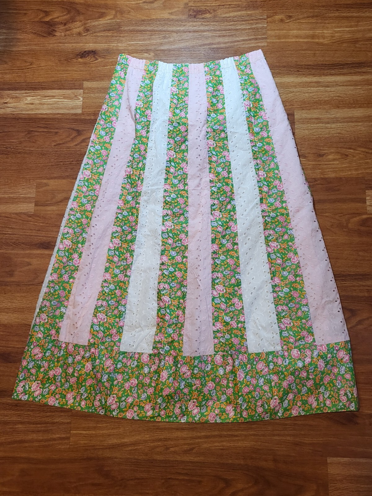 Vtge 1970s Striped Patchwork Lace Eyelet Floral M… - image 1