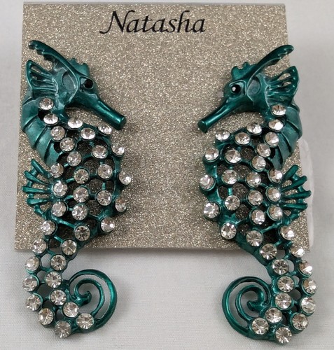 Boucles d'oreilles clous Natasha grand cheval de mer poteau vert avec cristaux NEUVES