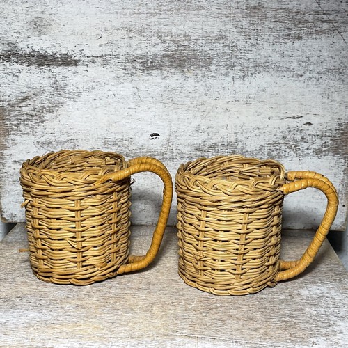 Lote de 4 portavasos boho vintage años 70 mimbre ratán con asas 4,5x3,5" RARO - Imagen 8 de 24