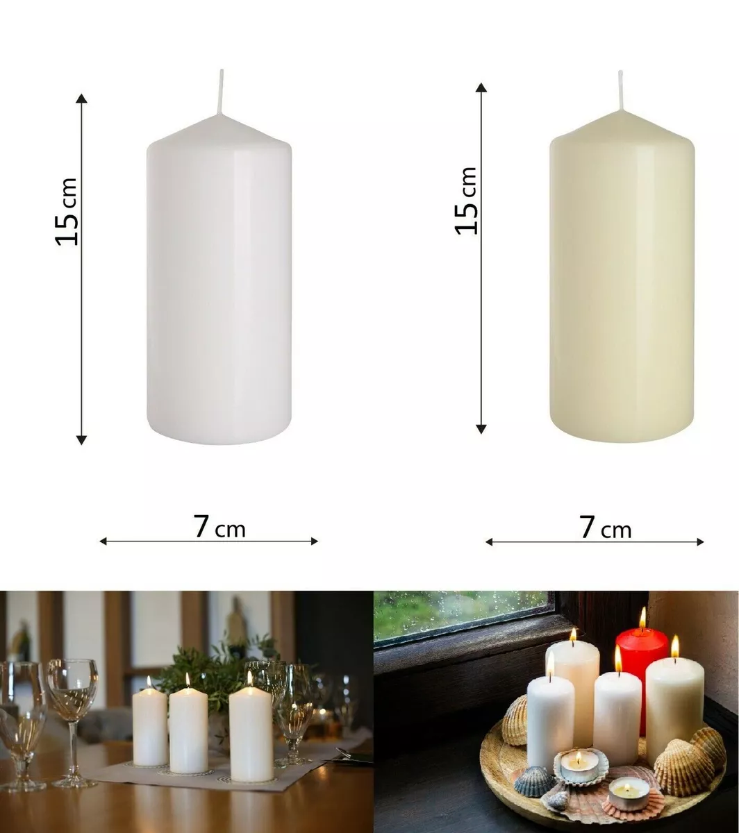 Set of 6 Church Large Pillar Candles 66 hours Burning Time Ivory White 7cm 15cm