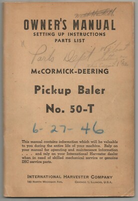 Original 1946 McCormick Deering 50T Pickup Baler Operators Manual Parts List