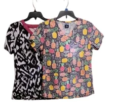 LOT OF 2 WOMEN'S VARIOUS BRANDS SHORT SLEEVE PRINT SCRUB TOPS SIZE Small